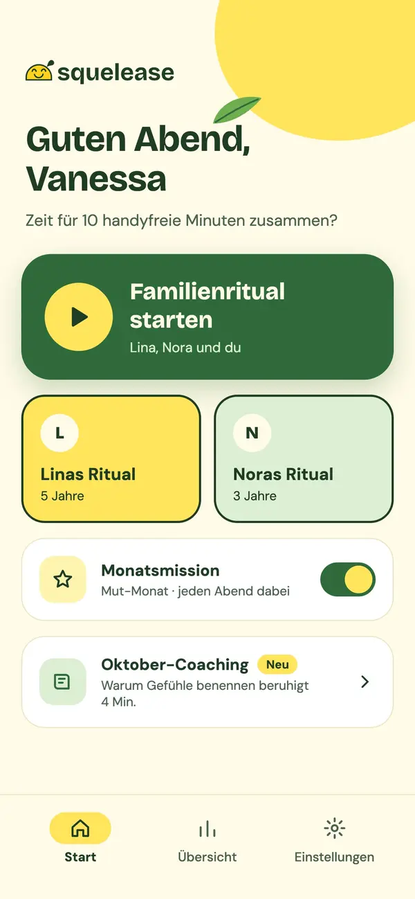 App-Startseite: Familienritual starten, Rituale pro Kind und Monatsmission