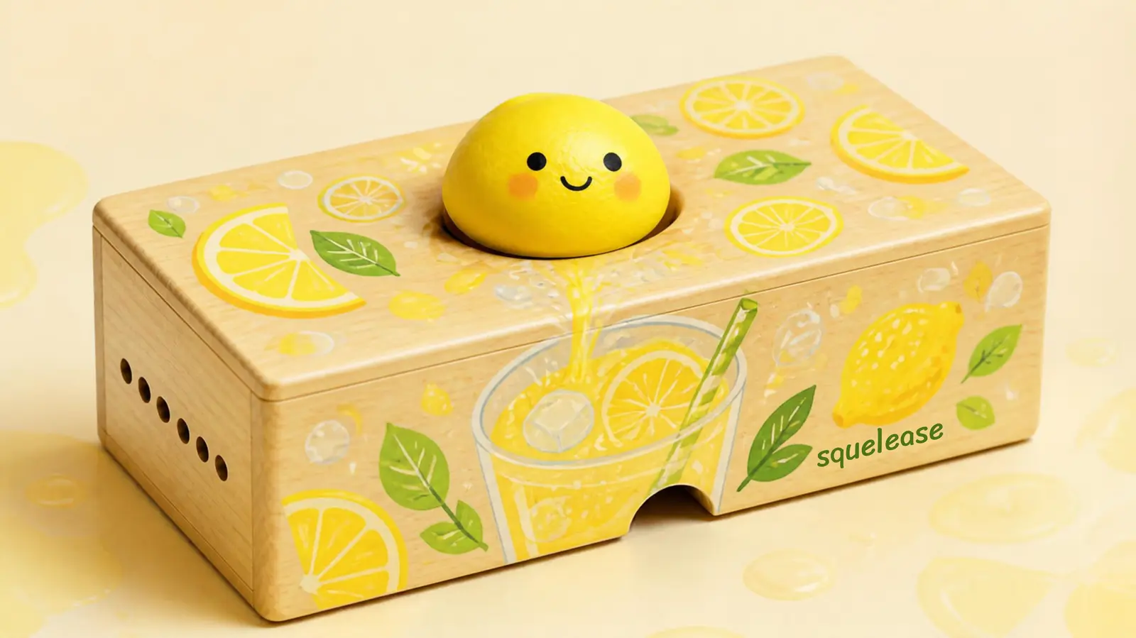 Der Squelease-Prototyp: eine Holzbox mit Zitronenmuster und einer lachenden gelben Zitrone als Knopf